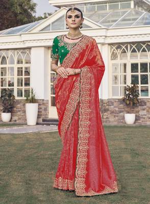 Red party wear jecquard saree with designer blouse fabric 1