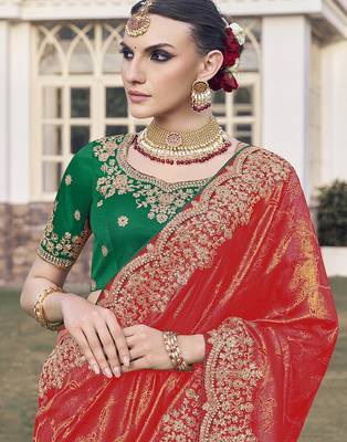 Red party wear jecquard saree with designer blouse fabric 2