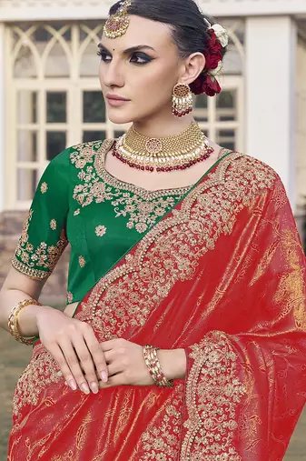 Red party wear jecquard saree with designer blouse fabric