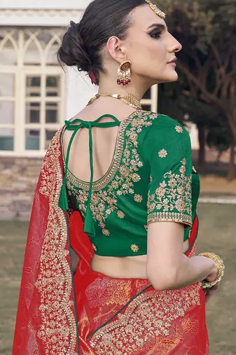 Red party wear jecquard saree with designer blouse fabric