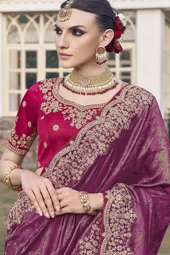 Purple party wear jecquard saree with designer blouse fabric
