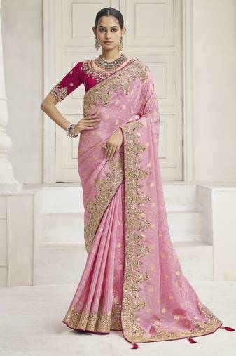 Pink party wear tissue vicose saree with designer blouse fabric