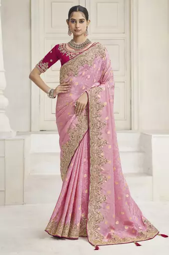 Pink party wear tissue vicose saree with designer blouse fabric