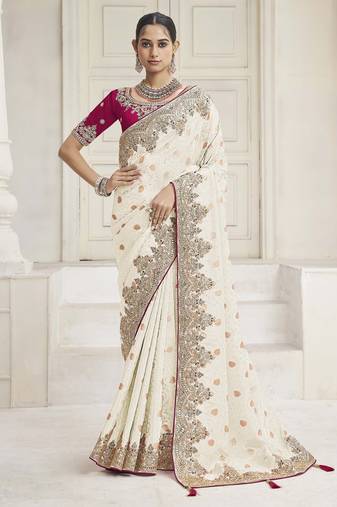 Cream party wear tissue vicose saree with designer blouse fabric