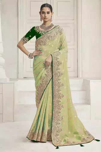 Pista green party wear tissue vicose saree with designer blouse fabric