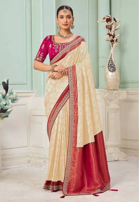 Cream party wear jecquard saree with designer blouse fabric 1