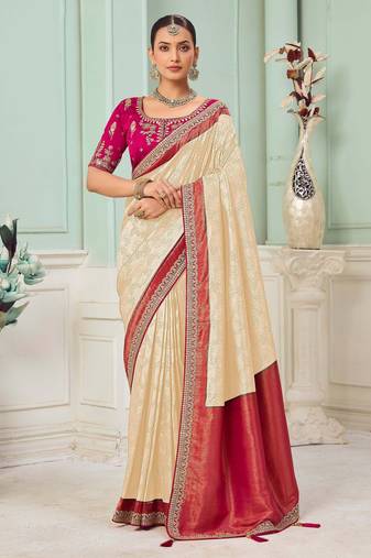 Cream party wear jecquard saree with designer blouse fabric