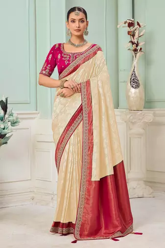 Cream party wear jecquard saree with designer blouse fabric