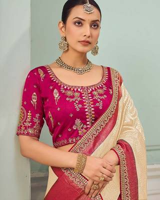 Cream party wear jecquard saree with designer blouse fabric 2