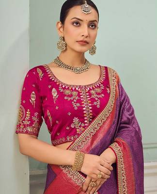 Purple party wear jecquard saree with designer blouse fabric 2