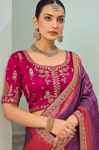 Purple party wear jecquard saree with designer blouse fabric