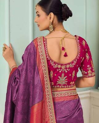 Purple party wear jecquard saree with designer blouse fabric 3