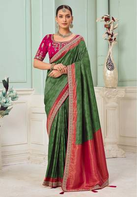 Green party wear jecquard saree with designer blouse fabric 1