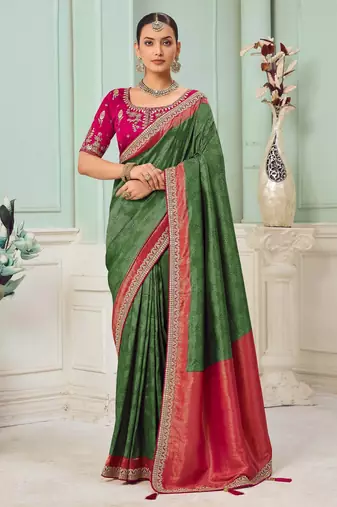 Green party wear jecquard saree with designer blouse fabric