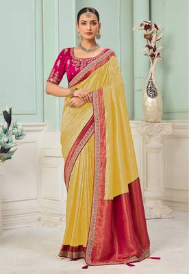 Yellow party wear jecquard saree with designer blouse fabric 1