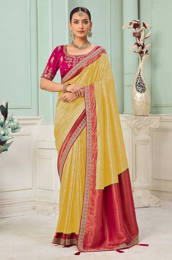 Yellow party wear jecquard saree with designer blouse fabric
