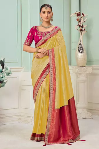Yellow party wear jecquard saree with designer blouse fabric