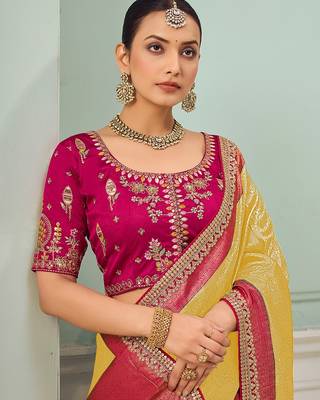 Yellow party wear jecquard saree with designer blouse fabric 2