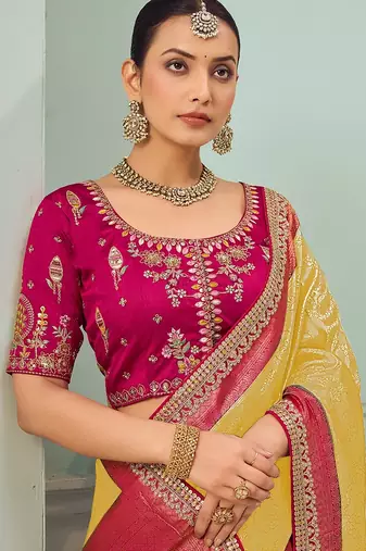 Yellow party wear jecquard saree with designer blouse fabric