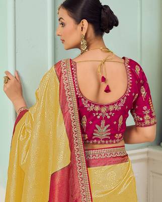 Yellow party wear jecquard saree with designer blouse fabric 3