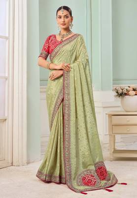 Pista green party wear tissue vicose saree with designer blouse fabric 1