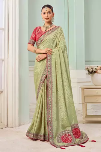 Pista green party wear tissue vicose saree with designer blouse fabric