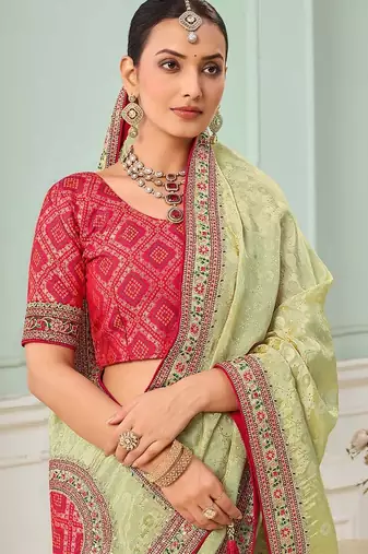 Pista green party wear tissue vicose saree with designer blouse fabric