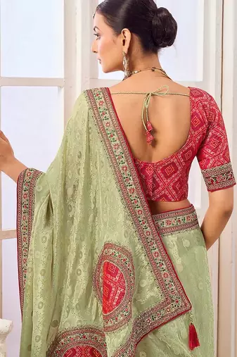 Pista green party wear tissue vicose saree with designer blouse fabric