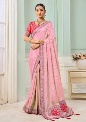 Pink party wear tissue vicose saree with designer blouse fabric 1