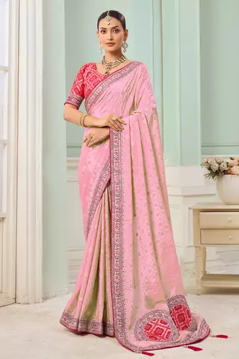Pink party wear tissue vicose saree with designer blouse fabric