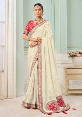 Cream party wear tissue vicose saree with designer blouse fabric 1