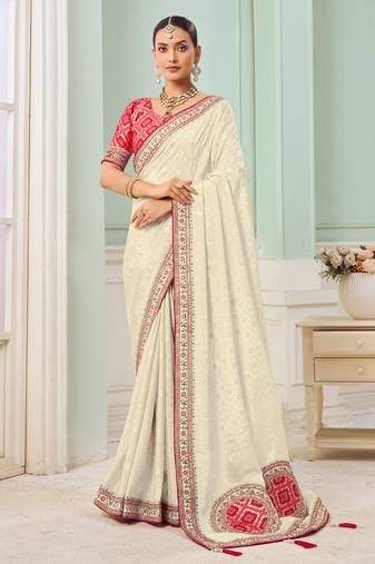 Cream party wear tissue vicose saree with designer blouse fabric