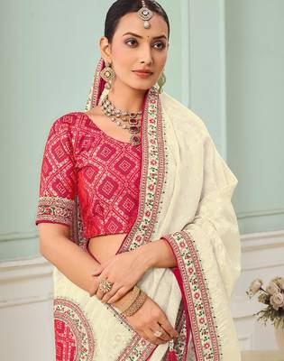Cream party wear tissue vicose saree with designer blouse fabric 2