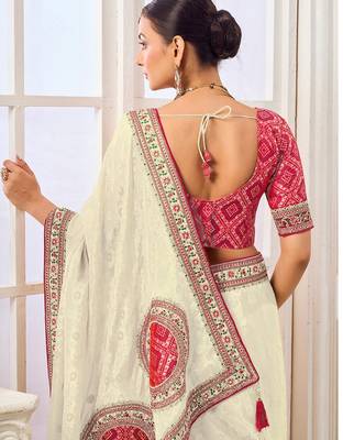 Cream party wear tissue vicose saree with designer blouse fabric 3
