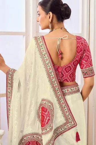 Cream party wear tissue vicose saree with designer blouse fabric