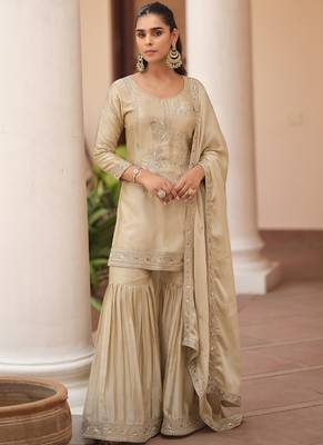 Cream silk satin embroidered designer sharara suit 1