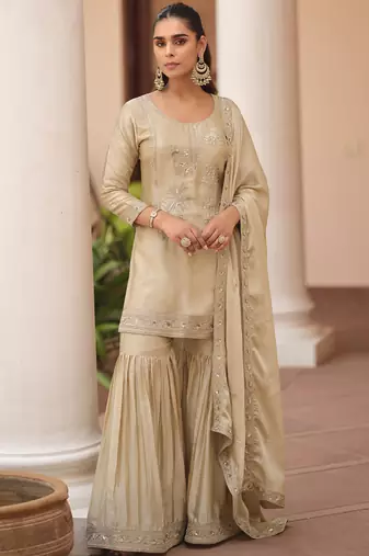 Cream silk satin embroidered designer sharara suit