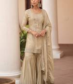 Cream silk satin embroidered designer sharara suit