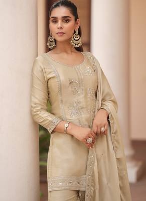 Cream silk satin embroidered designer sharara suit 2