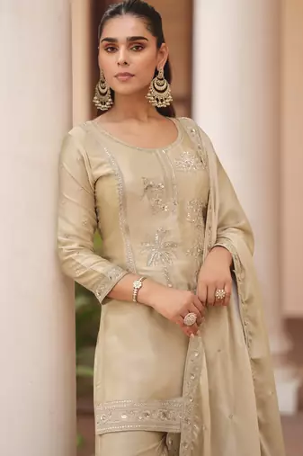 Cream silk satin embroidered designer sharara suit