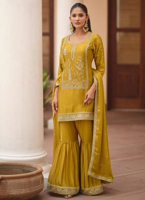 Yellow silk satin embroidered designer sharara suit 1