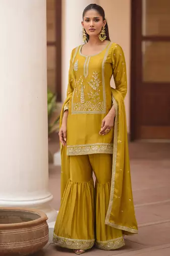 Yellow silk satin embroidered designer sharara suit