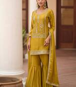 Yellow silk satin embroidered designer sharara suit
