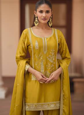 Yellow silk satin embroidered designer sharara suit 2