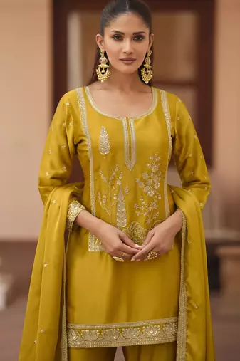 Yellow silk satin embroidered designer sharara suit