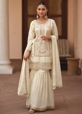 Off white silk satin embroidered designer sharara suit 1