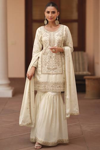 Off white silk satin embroidered designer sharara suit