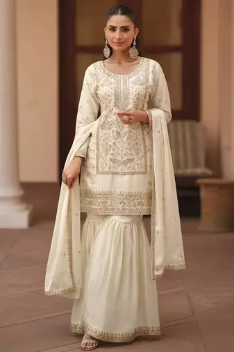 Off white silk satin embroidered designer sharara suit