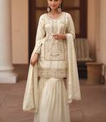 Off white silk satin embroidered designer sharara suit