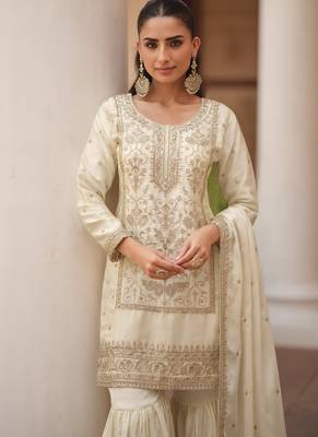 Off white silk satin embroidered designer sharara suit 2